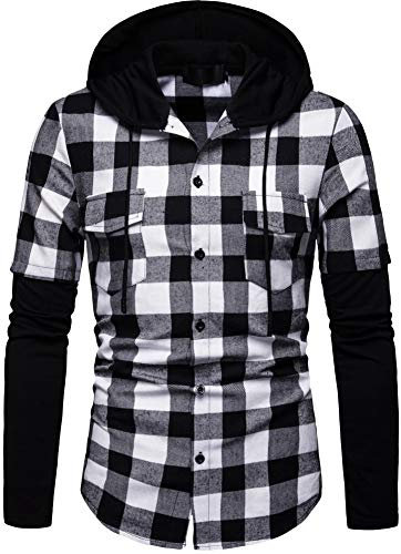 Iris Sprite Sweat à Capuche Homme Chemise Carreaux avec Poche Poitrine Épissage Manches Longues (Noir et Blanc, XXL)