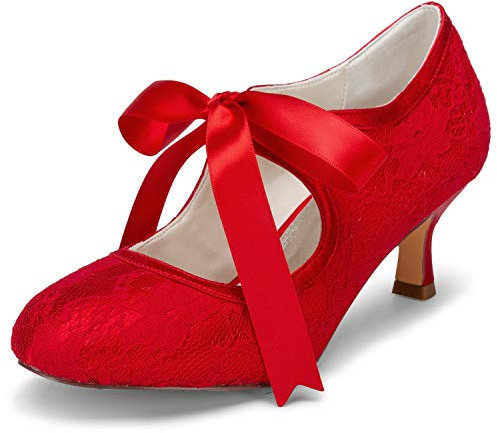 JIAJIA 140311 Bridal Lace Satin Low Heel Closed Toe Prom Party Dance Wedding Shoes Color Red,Size 8 UK / 42 EU