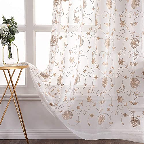 MIULEE Vorhänge mit Blumen Stickerei Muster, Gardinen Braun für Wohnzimmer, Schlafzimmer Vorhang Transparent mit Ösen, 2er Set Voile Durchsichtig Vorhänge, Jeder H 225 X B 140cm