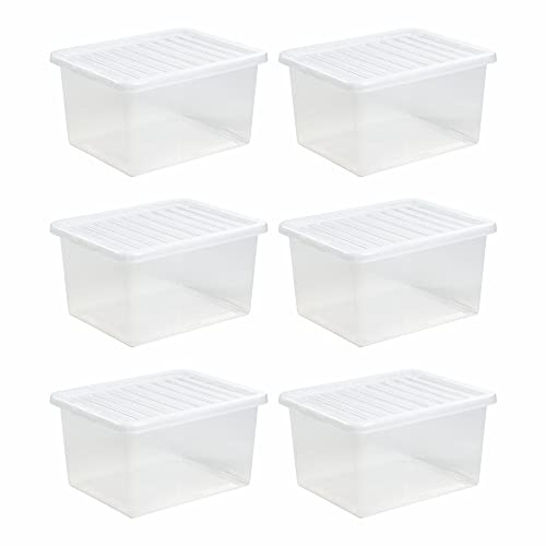 JMS we create smile (Set of 6) 35L Litre Crystal Clear Transparent Plastic Large Storage Boxes With Lids Storage Containers Stackable Boxes Shoes Toys Garage Office Home & Kitchen