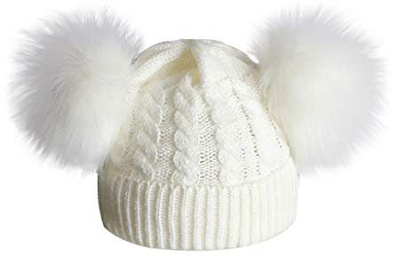 Susenstone Bonnet Bebe Fille Hiver Pompon Chaud Tricot en Laine Unisex Chapeau Enfant Garcon Fille Double Fourrure Pompon 1-6 Ans (1-6 Ans, Blanc)