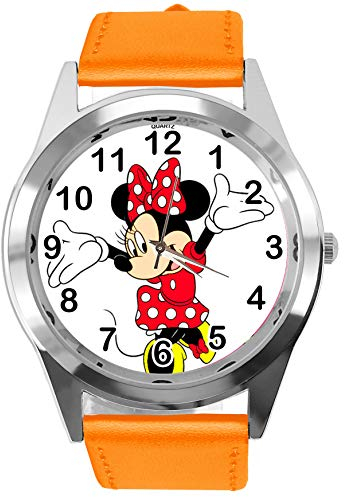 Taport® Armbanduhr, echtes Leder, Orange, für Minnie Maus Fan