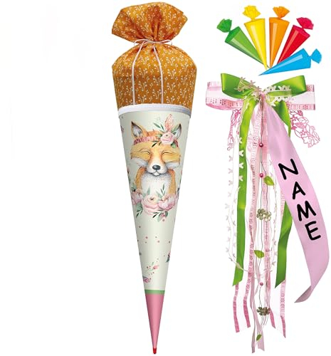 alles-meine.de GmbH Set Schultüte + 5 kleine Stoffschultüte - Zuckertüten - süßer Fuchs & Blumen - 70 cm - mit Holzspitze - rund - incl. individueller großer Schleife - mit N..