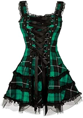 Minetom Robes Femme Mini Robe À Carreaux Robes De Cocktail sans Manches Rétro Vintage Rockabilly Bandage Corsage Dentelle Gothique Steampunk Robe Vert XS