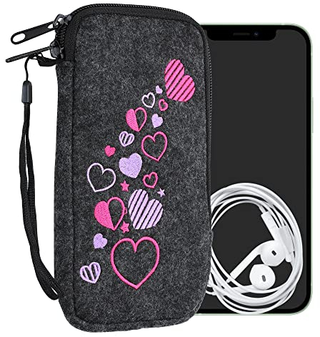 kwmobile Handytasche für Smartphones XL - 6,7/6,8 - Handy Filztasche - Herzen Mix Rosa Violett Dunkelgrau - 17,2 x 8,4 cm Innenmaße