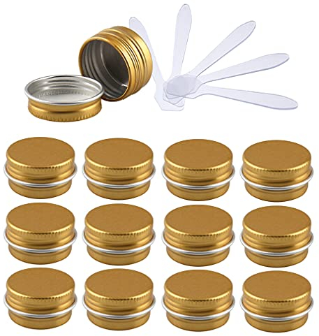 ZEOABSY Pack of 12, Empty 5ml Gold Aluminium Tins with Screw Lids Round Cosmetics Containers Pots Storage Jars for Lip Balm DIY Candle Salve Powder Crafts with 6 Spatula