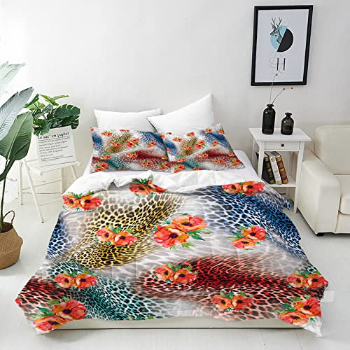 ANHOPE Leopard Bettwäsche Set 3 Teilig Geparden Haut Blume Bettbezug 135x200 cm + 2 Kissenbezug 50x70 cm Weich Microfaser Bettbezüge mit Reißverschluss Ganzjahres Bettdeckenbezug Set
