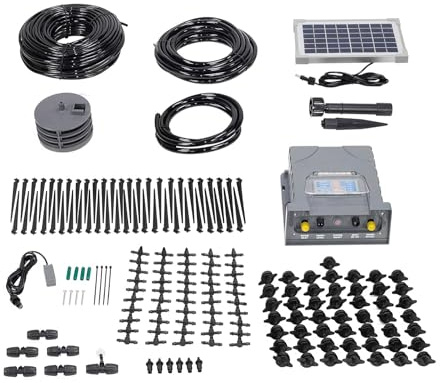 AEO Solar-Powered Automatic Watering Drip Irrigation System, 50 Drippers, 155 ft for Balcony Greenhouse Raised Garden Bed