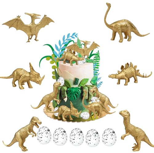 18 Pcs Dinosaur Cake Toppers, Golden Dinosaurs Figures Toys, Dinosaur Birthday Cake Decorations with Dino Eggs & Artificial Palm Leaves,Dinosaurs Theme for Kids Boy Birthday Baby Shower Party Supplies