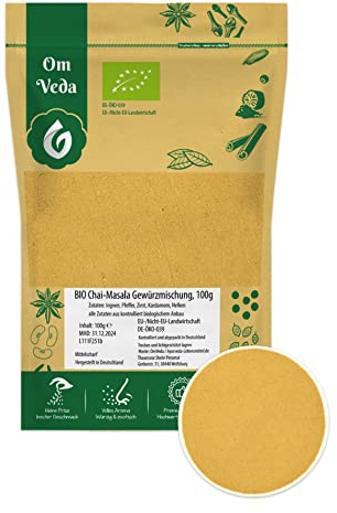 BIO Chai-Masala Gewürzmischung 100g | Premium Bio Tee Gewürz für Latte, Milchtee, Eistee | Koffeinfrei, vegan, glutenfrei, ohne Zusatzstoffe | Tee selber machen mit Gewürzen | OmVeda Gewürze