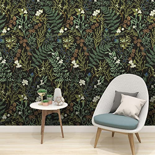 Bai You Mei Botanical Wallpaper Dark Black Green Contact Paper for Bedroom Boho Peel and Stick Wallpaper Jungle Plant Removable Floral Wallpaper Locker and Cabinet, 118.1''×11.7''