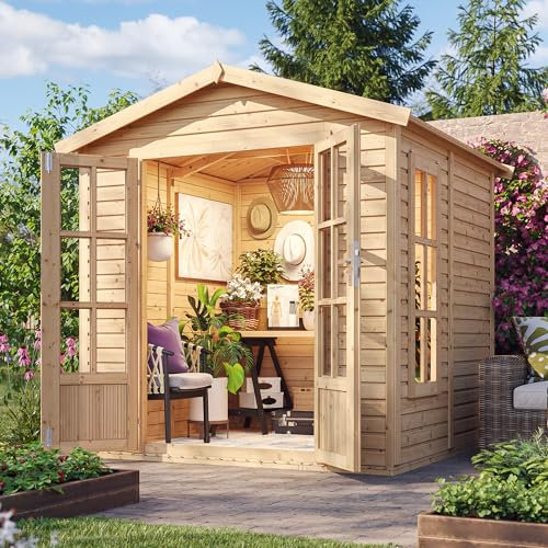 TIMBELA M351FB Cabane en Bois avec Plancher et Bardeaux Bitumineux Marron, L233xP222xH233 cm – Abri Multifonctionnel, Bureau, Atelier, Studio Jardin