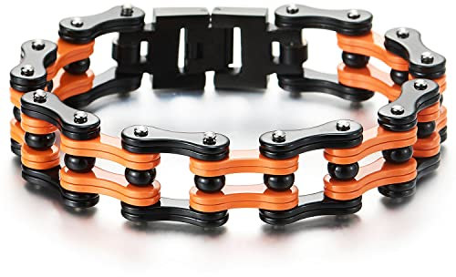 COOLSTEELANDBEYOND Herren Motorrad Armband Fahrradkette Motorradkette aus Edelstahl, Schwarz und Orange, Hochglanz Poliert