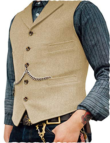 AeoTeokey Classic Mens Wool Tweed Suit Vest Casual Sleeveless Jacket Herringbone Waistcoat for Tuxedos(L,Champagne)
