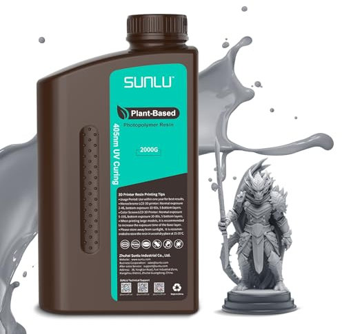 SUNLU 3D Drucker Harz Plant Based 2kg, 405nm UV 3D Drucker Photopolymer Resin, Geruchsarmes Harz für 4K/6K/8K LCD/DLP/SLA 3D Drucker, Erdfreundlich, Hohe Präzision, Schnell Aushärtend, Grau 2000g