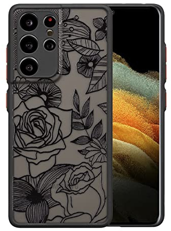 XIZYO Fleur de Rose Coque pour Samsung Galaxy S21 Ultra, Noir | Mignon Esthétique Floral Motif, Design Mat Translucide Luxe, Housse Mince Femmes, Souple TPU, Antichoc Anti-Jaune