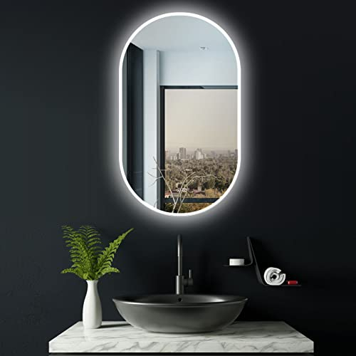 HOKO Design ANTIBESCHLAG Badezimmer Spiegel oval 50 x 90 cm. HOCH + QUER Montage möglich. Großer LED Badspiegel ohne Rahmen. Mit 2 Touch Schalter + LED Licht Wechsel - Warmweiß - Kaltweiß - Neutral