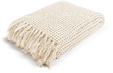 MAGMA Plaid Waffel - mit Fransen - skandinavisch - Baumwolle - ca. B130 x L170 cm - Ecru