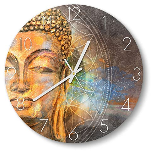 DEQORI Glasuhr | rund Ø 30 cm | Motiv Meditierender Buddha | ausgefallene leise Design Uhr aus Glas | Wanduhr für Wohnzimmer & Küche | moderne Hingucker Uhr für die Wand