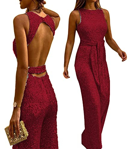 Jumpsuit Damen Elegante Festlich Hochzeit Jumpsuit Damen Pailletten Jumpsuit Frauen Rückenfreies Y2k Hose Overall Sommer Ärmellos Einteiler Lang Overall Hosenanzug Hohe Taille Romper mit Gürtel