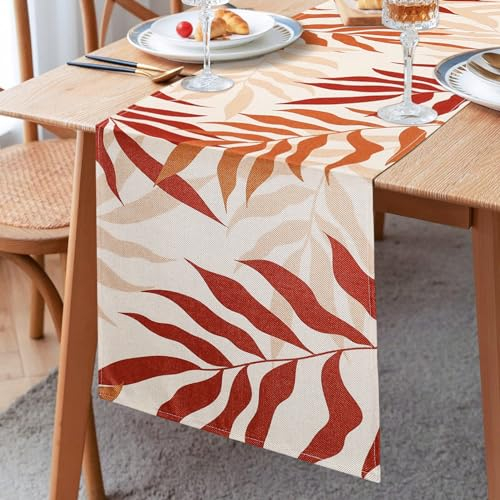Tischläufer Rot Braun Orange Polyester Leinen Tischläufer Modern Wohnzimmer Abwaschbar Tischläufer Dekoration Esszimmer Tischläufer Landhausstil für Erntedankfest Tischdeko 33x183cm