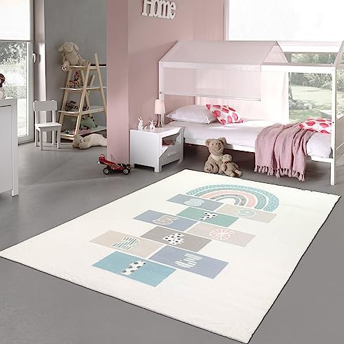 Teppich-Traum Teppich Mädchenzimmer Hüpfspiel weich pflegeleicht in Creme, bunt 160 x 230 cm