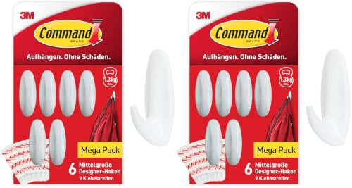 Command Medium Designer Hooks, White - Pack of 12 Hooks and 9 Adhesive Strips - Damage Free Hanging - Holds up to 1.3kg