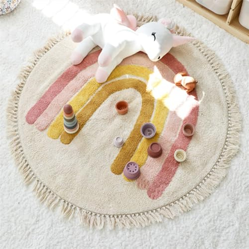 ZOYIEP Tapis de jeu rond pour enfant - Motif arc-en-ciel - Lavable - Antidérapant - Grand tapis de jeu (rose, 60 x 60 cm)