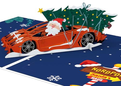 LIMAH® Pop-Up Karte Weihnachten Nikolaus im Sportauto - lustige 3D Weihnachtskarte mit Santa im Rennauto und einem Weihnachtsbaum - Geldgeschenk oder Gutschein für Autoliebhaber und Kinder