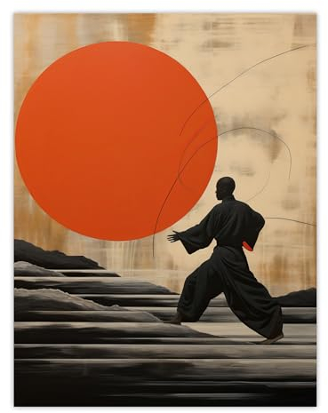 Wee Blue Coo Qigong Sunset Shaolin Monk Practicing Movement Meditation Exercises Amber Orange Grey Oil Painting Extra Large XL Wall Art Poster Print