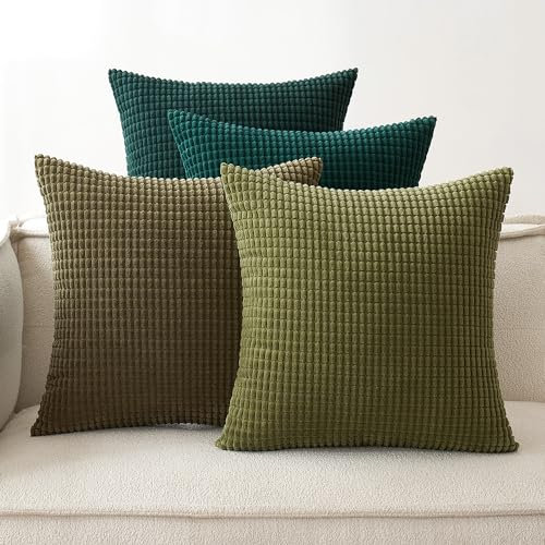 EMEMA Kordsamt Kissenbezug 4er Set Dekokissen Granulat Sofakissen Dekorative Kissenbezüge Couchkissen Kissenhülle Weich Kissen Bezug Zierkissen für Sofa Couch Wohnzimmer 50x50 cm Grün Serie