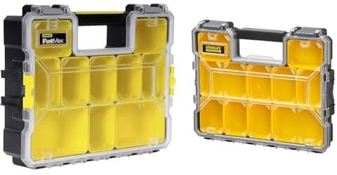 Stanley FatMax Aufbewahrungsbox & Stanley FatMax Werkzeug-Profi-Organizer (44.6 x 7.4 x 35.7 cm, flache Fächer, mit Klappdeckel und Kunststoffschnallen, 10 herausnehmbare Boxen) 1-97-519
