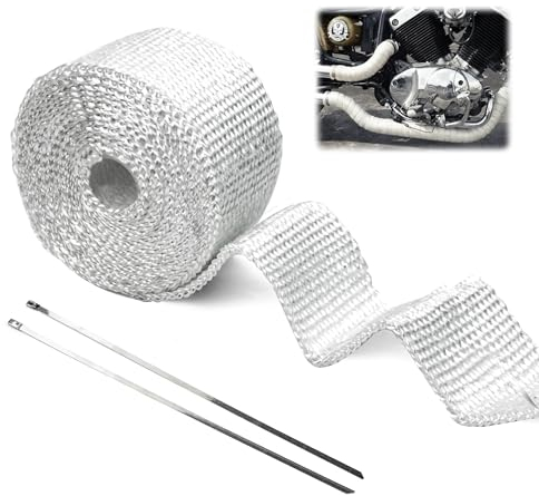 Cinta Anticalorica Escape Aislante, 5m x 5cm Cinta Termica Escape con 2 Piezas de Bridas Protector Escape Moto para Colector Escape Motocicleta, 1 Piezas, Blanco