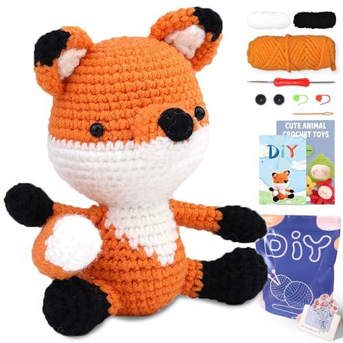 YAMAXIN Häkelset für Anfänger, Fox-Tiere, einfaches Erlernen des Anfängers, Strickset und Garn-Bastelsets für Kinder und Erwachsene, DIY mit Schritt-für-Schritt-Video-Tutorials