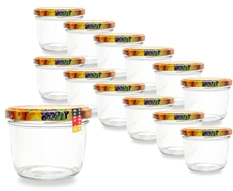 Flaschenbauer 12er Set Premium Sturzgläser 230 ml – Vielseitige Marmeladen- & Einmachgläser mit farbigem Twist-Off-Deckel – Ideal für Suppen, Dips, Tee, Kräuter, inklusive Etiketten, (Obstdekor)