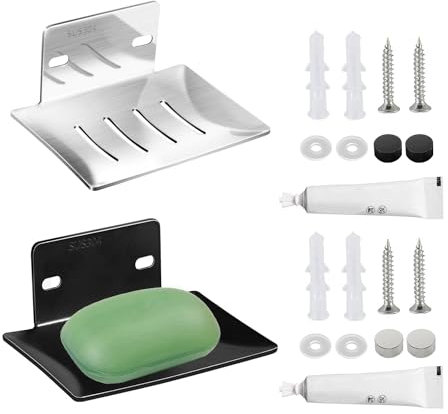 ZBHDEYG Porte-savon mural en 2 parties en acier inoxydable argenté noir multifonctionnel pour salle de bain et cuisine
