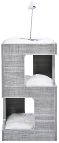 Dehner Lieblinge Katzenturm Coco, Katzenhöhle Indoor/komfortabel, inkl. Spielmaus & 3 Plüschkissen, ca. 34 x 60 x 34 cm, Holz/Plüsch, weiß/grau