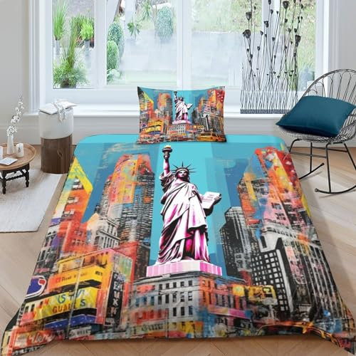 ZYGAOKDD Statue of Liberty Theme 3D Gedruckt Bettwäsche Set 2 Teilig Bettbezug-Sets Mit Kissenbezügen Soft Microfaser Luxus Modern Mit Reißverschluss Für Erwachsene Und Kinder Single(135x200cm)