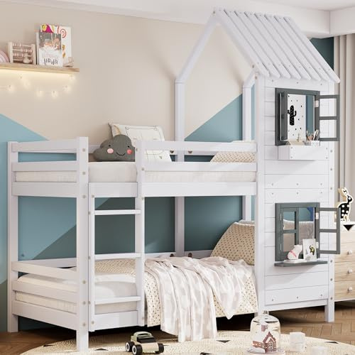 Gelukueub Letto a Castello con Scale e Finestra, Culla con Protezione anticaduta e Griglia, Telaio in Pino, Bianco+Grigio (90x200cm)