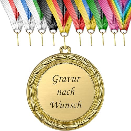 pokal-fabrik.de - 5er Set Medaillen mit Gravur Wunschtext in gold - personalisierter Orden aus hochwertigem Metall - Goldmedaille & Bandfarbe nach Wahl - Medaillen für Kinder & Erwachsene