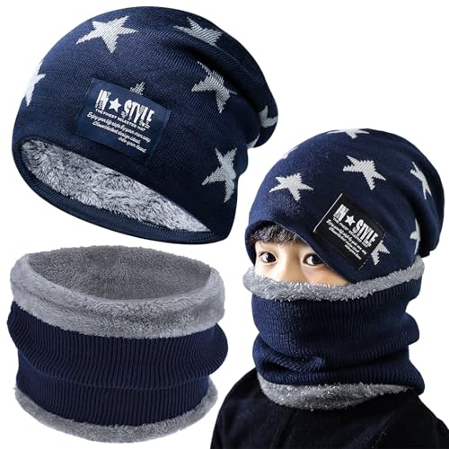 Axinyijia Bonnet Tour de Cou Polaire pour Enfant, Ensemble Bonnet d'hiver et Cache Cou Garcon, Packs Bonnet Écharpe avec Doublure Polaire Enfant 5-10 Ans (bleu)