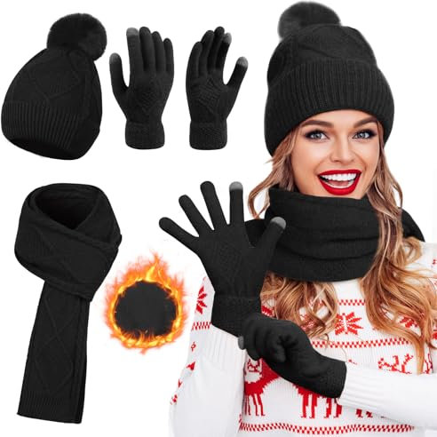 Figarge Damen Winter Mütze Schal Touchscreen Handschuhe Set, Damen 3 in 1 Winter Beanie mit warmen gestrickten langen Schal, dicke gestrickte Pom-Mütze und Touchscreen für Outdoor (Schwarz)