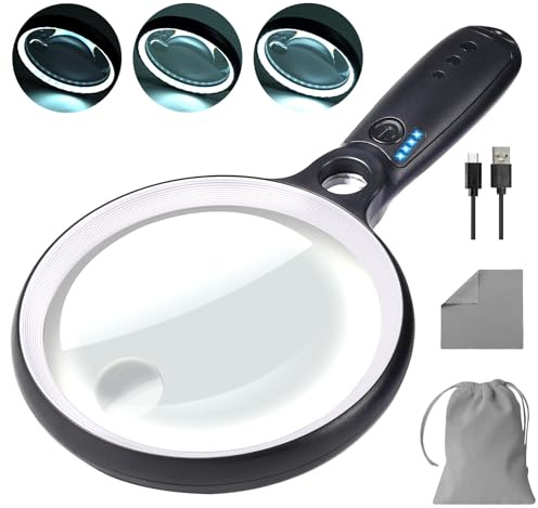 GABORISH Lupe mit Licht USB Aufladbar, 10X 20X 45X Vergrößerungsglas, 37 LED Beleuchtete Handlupe mit 3 Lichtmodi, Leselupe mit Licht für Senioren Groß (Weiß & Schwarz)