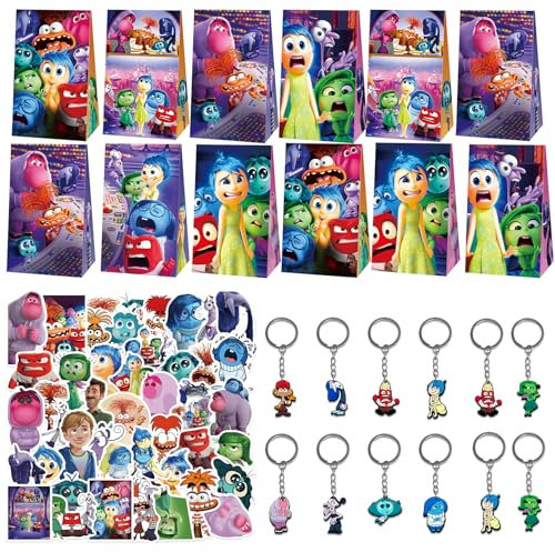 Set Regalo di Compleanno per Bambini,74Pcs Bomboniere per Feste a In-side Out, Sacchetti Regalo in Cartoon, Portachiavi in Silicone,Adesivi Impermeabili, Gadget Compleanno In-side Out per Bambini