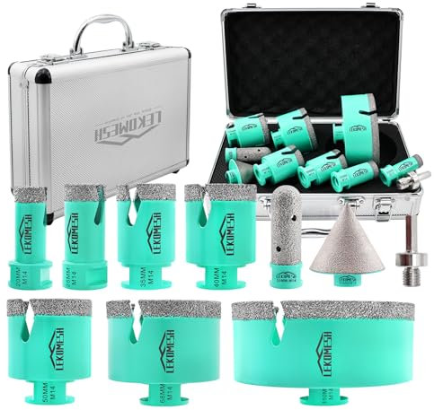 LEKOMESH Punte Diamantate Gres Porcellanato -10 Pezzi (20/25/35/40/50/68/110mm+20mm Fresa+50mm Punte Smusso+Adattatore) Trapano Diamantate per Piastrelle in Ceramica, Marmo,Filettatura M14