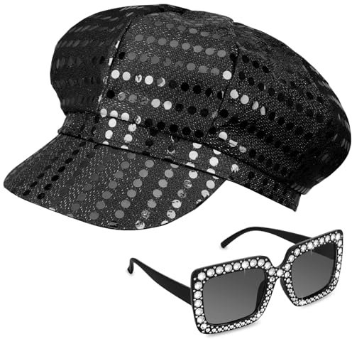 Yotako Glitzer-Abba-Hut, schwarz, Abba-Zubehör für Damen, mit Pailletten-Hut, glitzernd, Sonnenbrille, Disco-Kostüm-Set, Abba-Kostüm, Zubehör für Damen, Mottoparty, Geburtstag, Tanz, 2 Stück