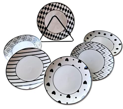Modern Geometric Dinnerware Set for 1-6 Piece with Storage Racks, Ceramic Tableware, Dishwasher Microwave Safe, Black and White Pattern, Square and Round Styles (Round)
