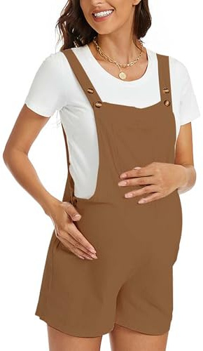 Salopette Grossesse Pantalon Court Maternité Combinaison Femme Enceinte Combishorts Boutonné Couleur Unie Chic Décontractée Eté Marron L