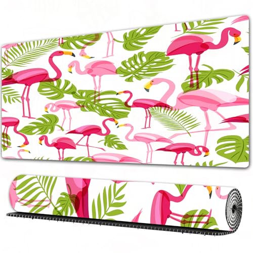 FEHWI Grand Tapis de Souris de Jeu avec Bords surpiqués et Dos antidérapant,sous-Main pour Clavier et Souris,Motif avec Flamant Rose et Feuilles de Palmier Vertes.,90×40 cm