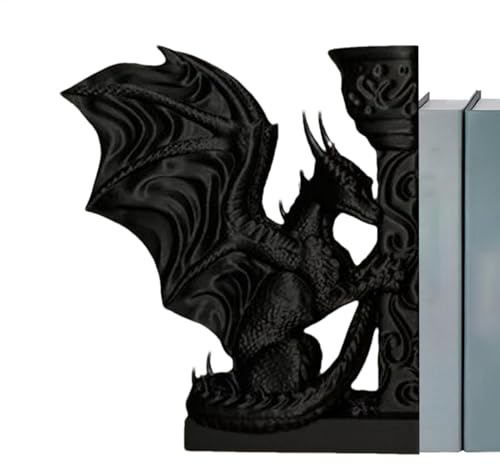 Vintage Drachen Buchstützen – 3D Gedruckte Drachen Buchecke | Kreatives, Robustes Deko Re-gal Ornament | 3D Gedruckte Tier Tischskulptur Als Bücherregal Dekoration Für Zuhause (Schwarz)